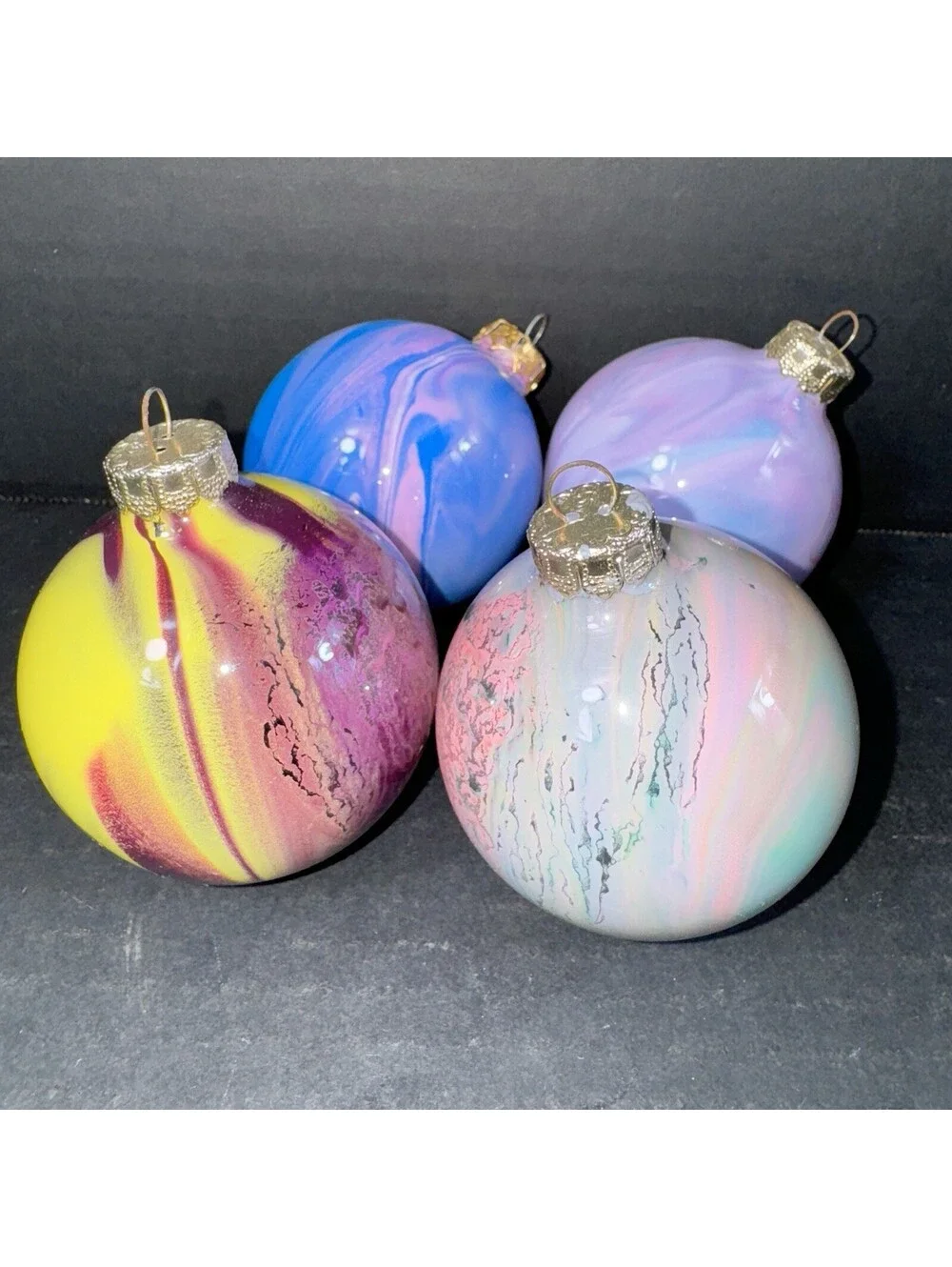 4 Vintage Glass Christmas Ornaments Hand Painted Swirl Marble Pattern 2.5” Retro